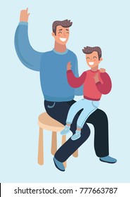 Cartoon vector illustration of Father and Son on his knees. Man talking joke to boy.