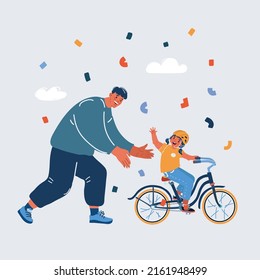 Cartoon vector illustration of father teaches daughter to ride a bike. Kid learns to ride bicycle