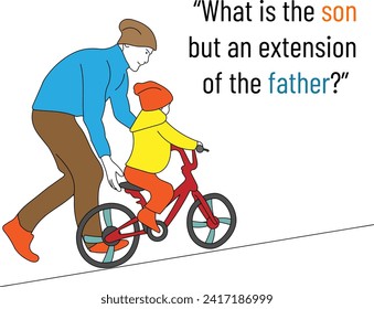 Cartoon vector illustration of father teaches daughter to ride a bike. Kid learns to ride bicycle