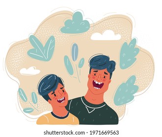 Cartoon vector illustration of Father told a funny story to his son. Close-up laughing faces on dark background.