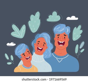 Cartoon vector illustration of Father told a funny story to his family. Mother and son. Close-up laughing faces on dark background.