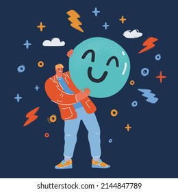 Ilustración vectorial de caricatura del concepto de retroalimentación, el hombre sostiene un icono de emociones felices en su trasfondo oscuro de manos.