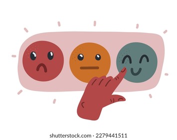 Cartoon vector illustration of Feedback concept, emotions scale. Angry, indifferent, sad and emotion feedback and finger push the one