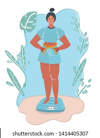 Cartoon vector illustration of Feet on scale. Weight loss and diet concept. Woman weighing herself. Measures her waist. Lady dieting. Weight gain and dietetics.