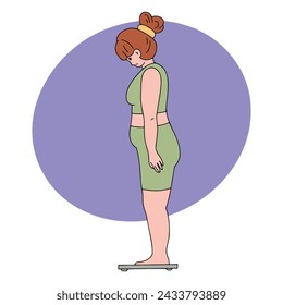 Cartoon vector illustration of Feet on scale. Weight loss and diet concept. Woman weighing herself. Measures her waist. Lady dieting.