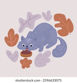 Cartoon vector illustration of feline cat eating on a metal bowl. Cute domestic animal.