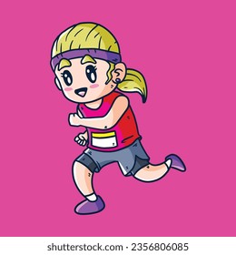 Cartoon Vector illustration of female athletes. Healthy activity and lifestyle.  AthleticSpirit. Vector Female Marathon Runner. Vector of Girl marathon runner illustration. Cartoon Female 