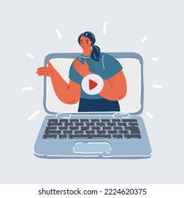 Cartoon vector illustration of female blogger on laptop screen on the video