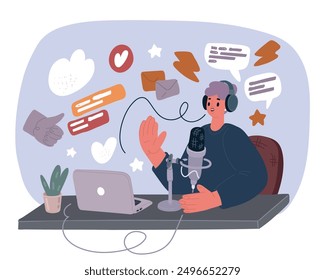 Ilustración vectorial de dibujos animados de bloguera, streamer, podcaster. Mujer con ordenador portátil, micrófono y auriculares utiliza el ordenador portátil y hacer el canal, la transmisión o el blog.