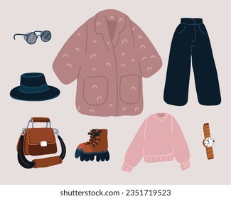 Cartoon vector illustration of Female closesth. Wearing. Fur coat, throuses, watches, bag, shoes, boots, heat, sunglasses.