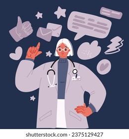 Cartoon vector illustration of female doctor. Woman finger up over dark background