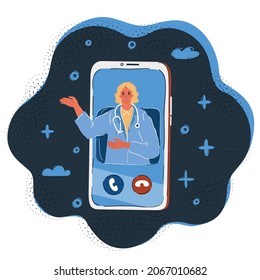 Ilustración vectorial de caricatura de doctoras consulta en línea en pantalla telefónica