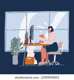 Cartoon vector illustration of female employee speak talk on video call with diverse multiracial colleagues on online event briefing, woman worker have Webcam group conference with coworkers