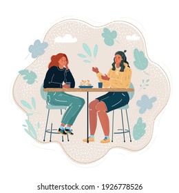 Cartoon Vector Illustration Of Female Friends Having Lunch Together At The Mall