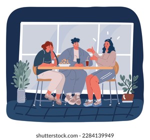 Cartoon vector illustration of Female friends together at cafe. Smiling woman gossiping spending time People enjoying coffee break in public place sitting at table over dark background