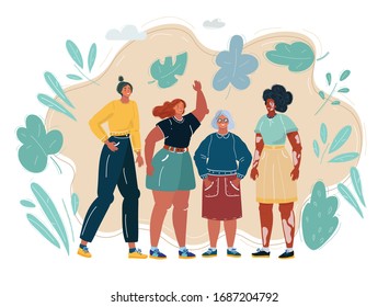 Cartoon vector illustration of female group. Different people. Body positive. Persons got together.
