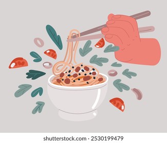 Cartoon vector illustration of Female hands hold chinese chopsticks picking noodles