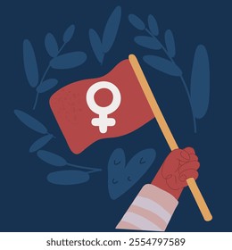 Cartoon vector illustration of Female hands holding female flag over dark background