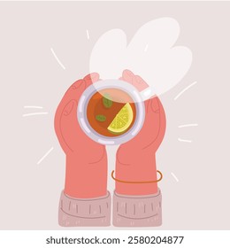 Cartoon vector illustration of Female hands with purple nails holds cup of tea on purple background top view.