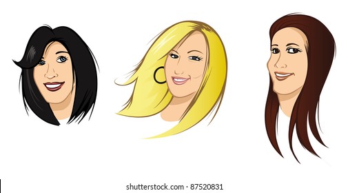 cartoon vector illustration of female heads
