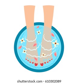 Cartoon vector illustration of female legs in hot bath with flower petals. Relaxation procedures.