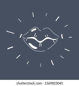 Cartoon vector illustration of female lips. A hands drawn sketch on dark background.