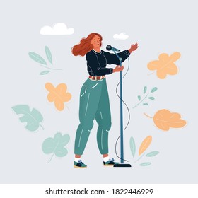 Cartoon vector illustration of female speaker. Woman with microphone on white background.