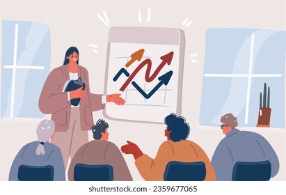 Cartoon vector illustration of Female speaker pointing at presentation during business seminar. Office worker showing report at whiteboard with pointer. Flipchart and team arround.