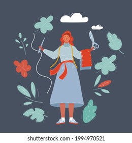 Cartoon vector illustration of female tailor with scissor and needle with thead on dark.