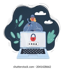 Cartoon Vector Illustration Of Female Thief, Hacker Who Tride Hack Password In Big Laptop.