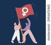 Cartoon vector illustration of feminist flag feminism woman. Feminists flag feminism woman sign. Riot people over dark background