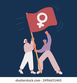 Cartoon vector illustration of feminist flag feminism woman. Feminists flag feminism woman sign. Riot people over dark background