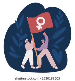 Cartoon vector illustration of feminist flag feminism woman Feminist flag feminism woman sign over dark background