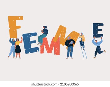 Cartoon vector illustration of feminist movement and girl power concept. Stronger together.