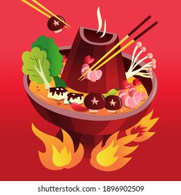 A cartoon vector illustration of festive firery hot pot dinner on a red background.