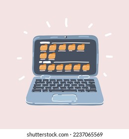 Ilustración vectorial de dibujos animados de la base de datos de documentación de la organización de carpetas de archivos en el portátil