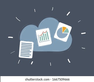 Dibujo vectorial de caricaturas de archivos en servicios de almacenamiento en la nube.