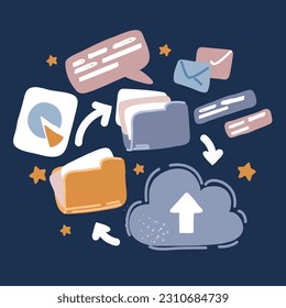 Cartoon vector illustration of files is synchronising to big folder. Storage and indexing of information. User and data archive. Database, searching info over dark background