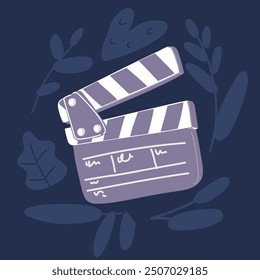 Cartoon vector illustration of Film clapperboard. Blank movie clapper cinema over dark background