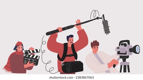 Cartoon vector illustration of Filmmaking club. Camera operator, clapperboard, become film director, sound engineer, sound record. Movie school elective activity, filmmaking student club