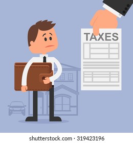 Cartoon vector illustration for financial management and taxes concept. Unhappy man with wallet got tax invoice. Flat design.