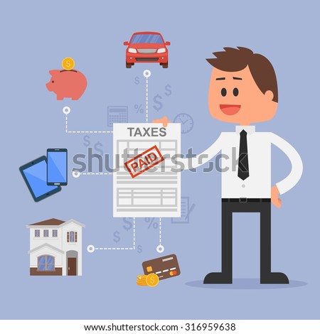 Cartoon vector illustration for financial management and taxes concept. Happy businessman paid all taxes. Car, house, tax, savings and credit cards icons. Flat design.