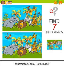 Cartoon Vector Illustration of Find the Differences Between Pictures Educational Activity Game for Children with Safari Animal Characters Group
