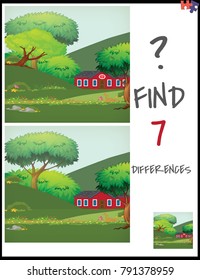 Cartoon Vector Illustration of Find the Differences Between Pictures Educational Activity Game for Children with farm house in the meadow