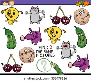 Cartoon Vector Illustration of Find the Equal Picture Educational Task for Preschool Kids with Funny Characters