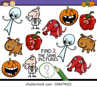Cartoon Vector Illustration of Find Identical Picture Educational Task for Preschool Children with Comic Characters