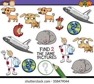 Cartoon Vector Illustration of Find Identical Picture Educational Task for Preschool Children with Comic Characters