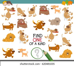 Cartoon Vector Illustration of Find One of a Kind Educational Activity Game for Preschool Kids with Dogs