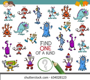 Cartoon Vector Illustration of Find One of a Kind Educational Activity Game for Children with Fantasy Characters
