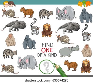 Cartoon Vector Illustration of Find One of a Kind Educational Activity Game for Children with Wild Animal Characters